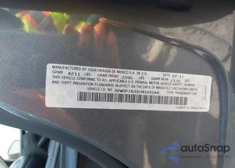 2012 Volkswagen Jetta 2.5L Se from USA, damaged, VIN 3VWDP7AJ3CM309148